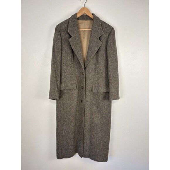 VTG Womens Brown Herringbone Tweed Long Peacoat Trench Coat Jacket Classic - Picture 1 of 7
